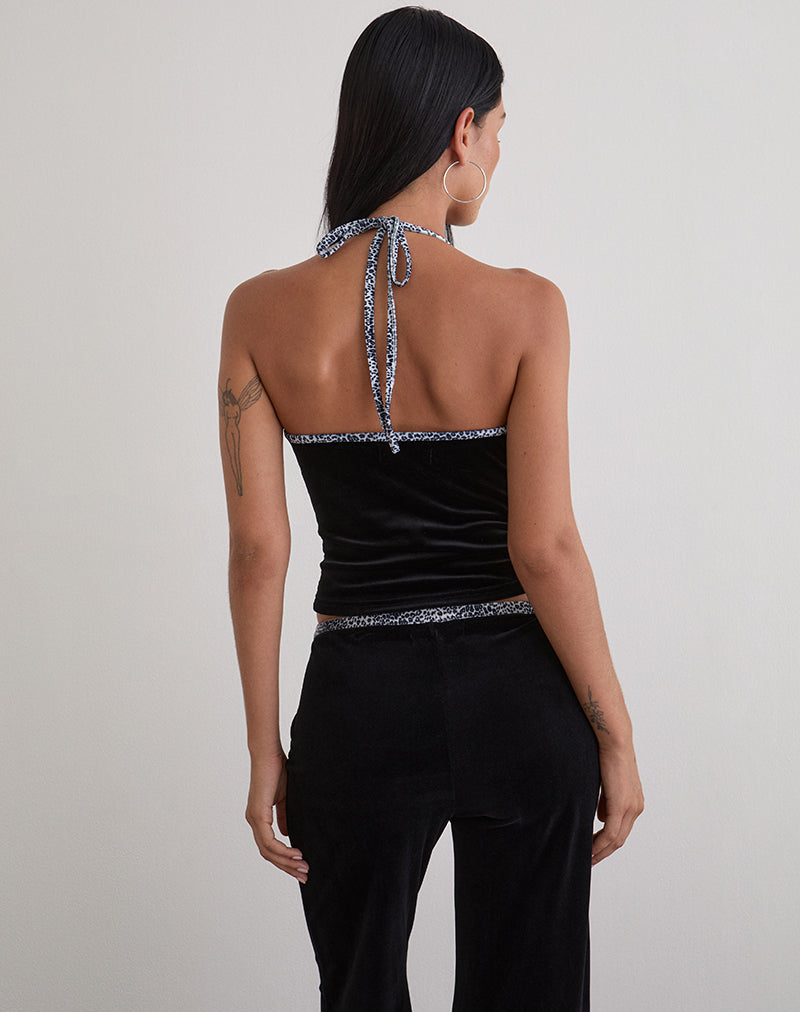 Image of Solyn Halterneck Top in Black with Leopard Binding