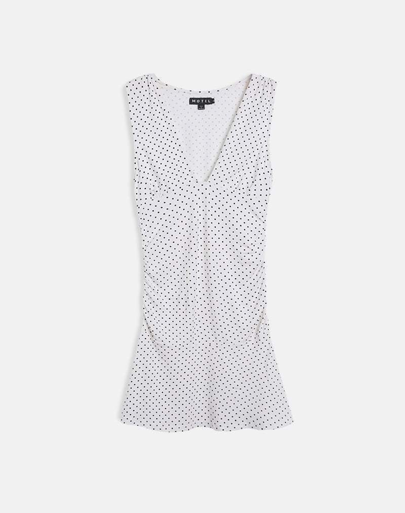 Image of Luscian Plunge Mini Dress in Weiß mit Micro Polka Schwarz
