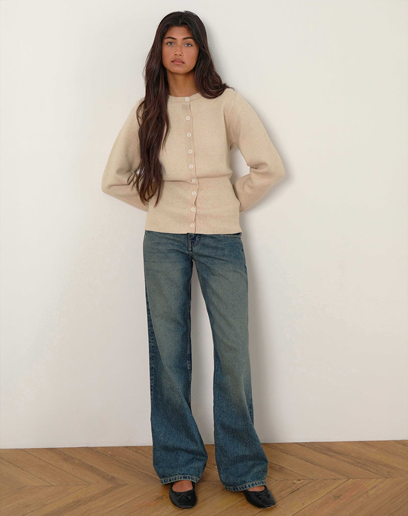 Subra Langärmelige Strickjacke mit geripptem Saum in Elfenbein