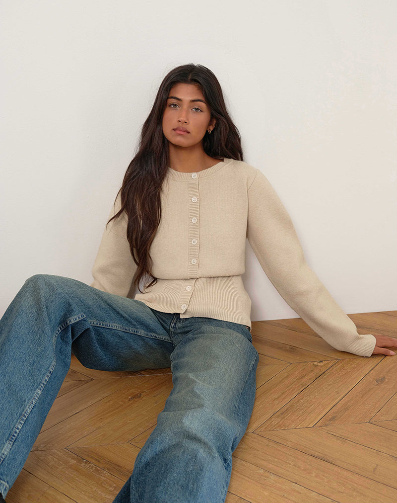 Image of Subra Langarm-Strickjacke mit geripptem Saum in Elfenbein
