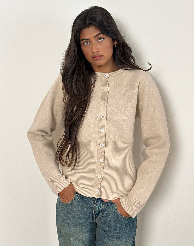 Subra Langärmelige Strickjacke mit geripptem Saum in Elfenbein