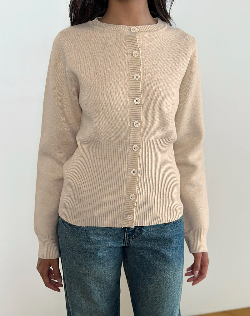 Image of Subra Langarm-Strickjacke mit geripptem Saum in Elfenbein
