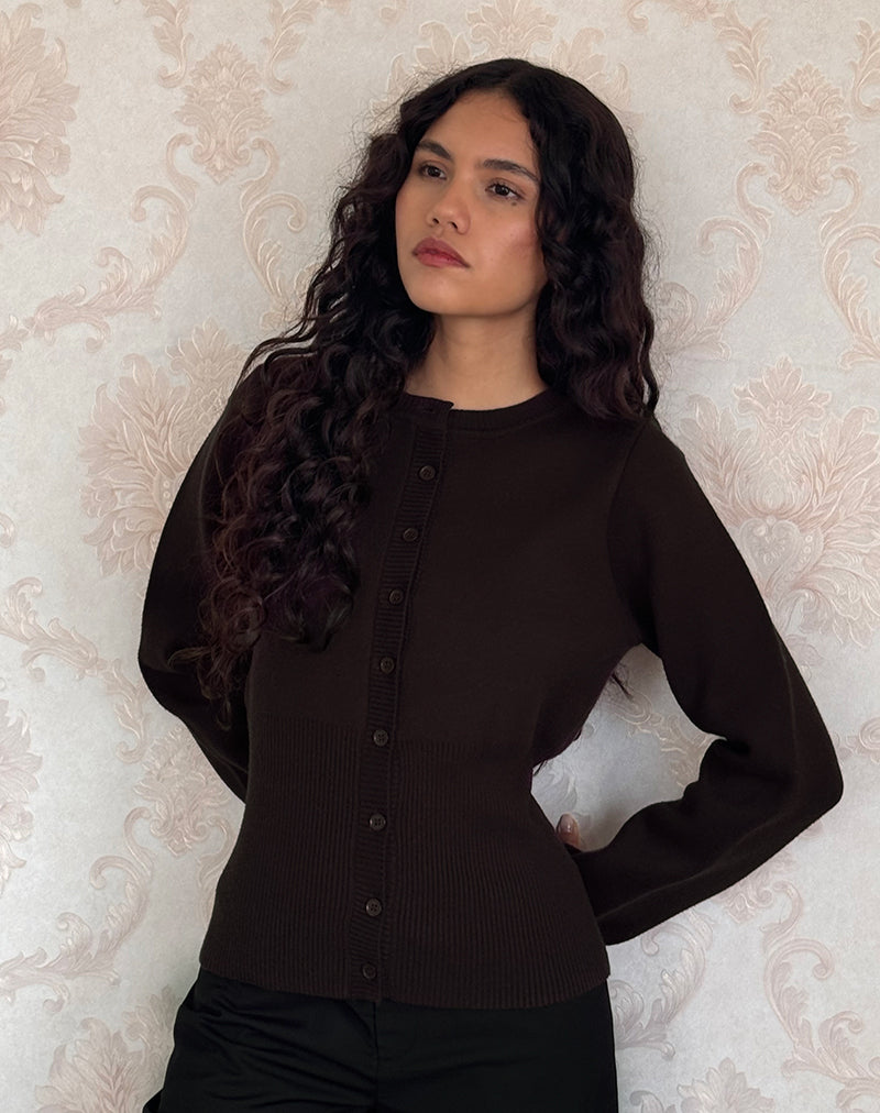 Image of Subra Langärmeliger Cardi mit geripptem Saum in Bitter Chocolate