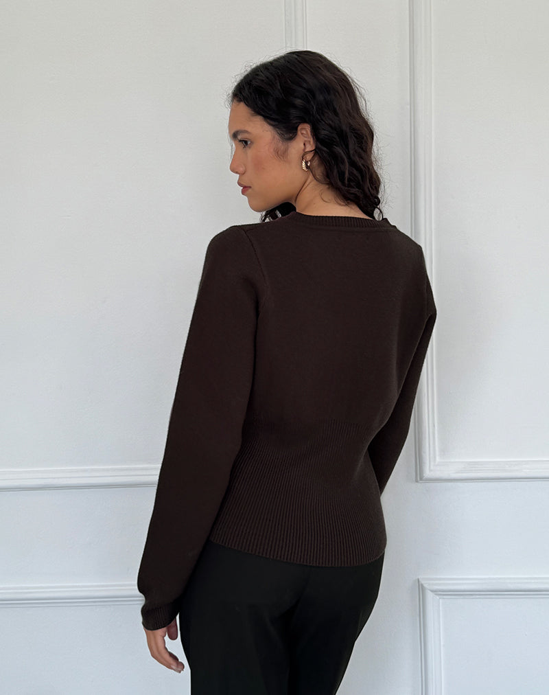 Image of Subra Langärmeliger Cardi mit geripptem Saum in Bitter Chocolate