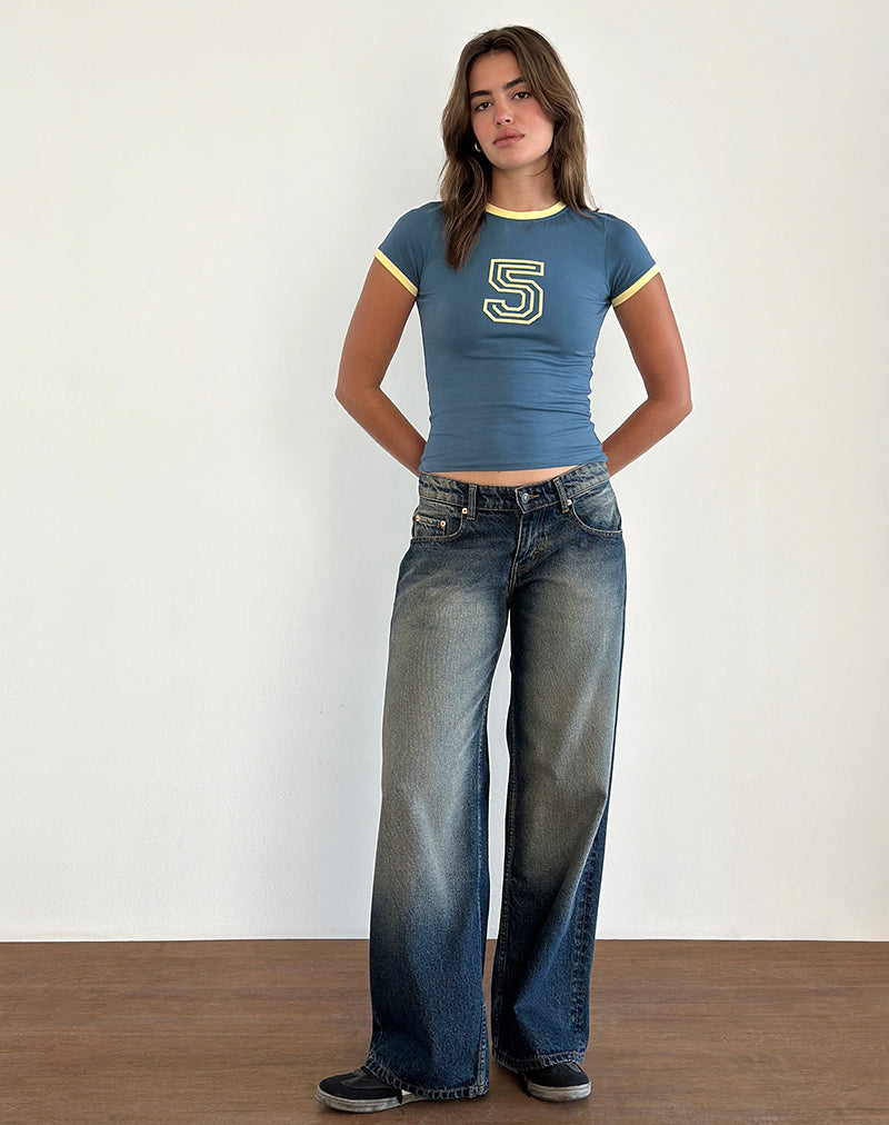 Image of Sutin Tee in Blau mit 5-Emblem und gelber Limonade Bindung