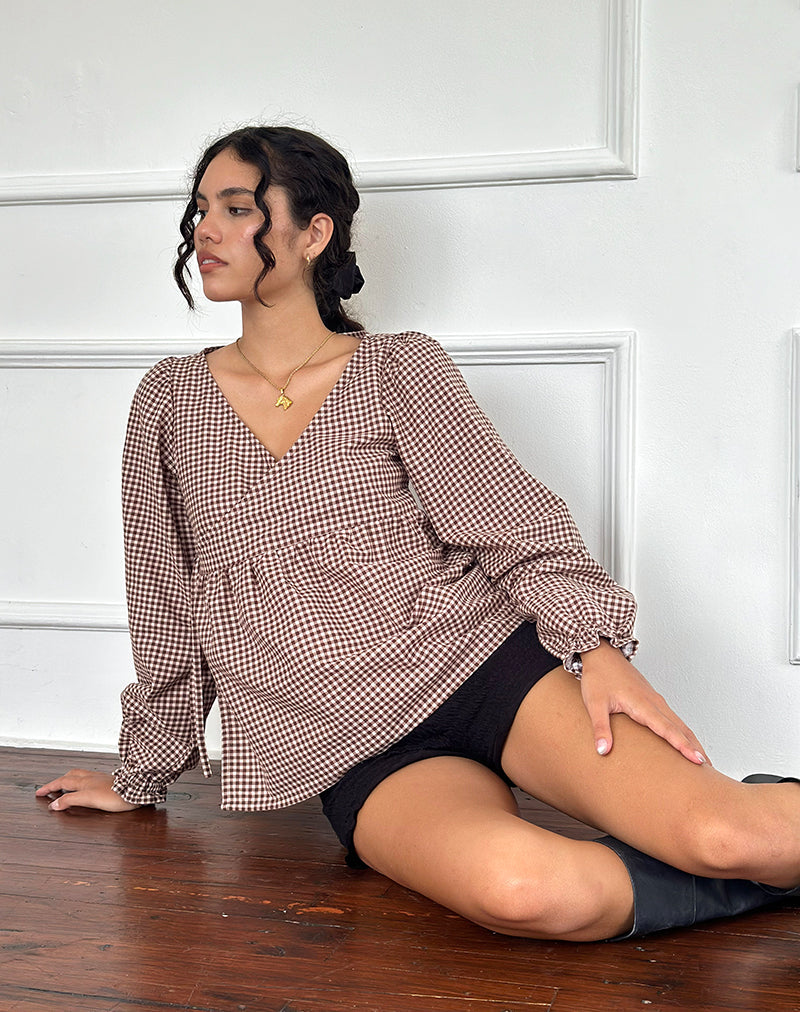 Suzumi Wickel-Bluse aus Mini-Gingham Braun