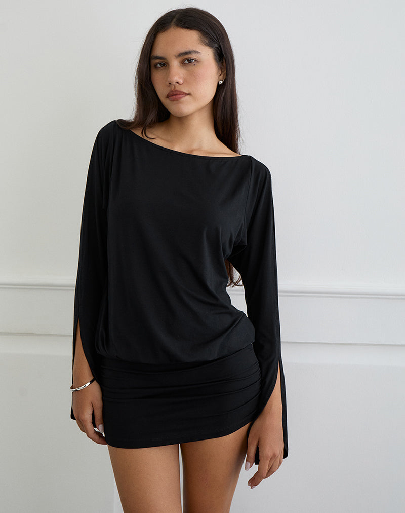 Image of Sybe Cut Batwing Sleeve Mini Dress in Schwarz