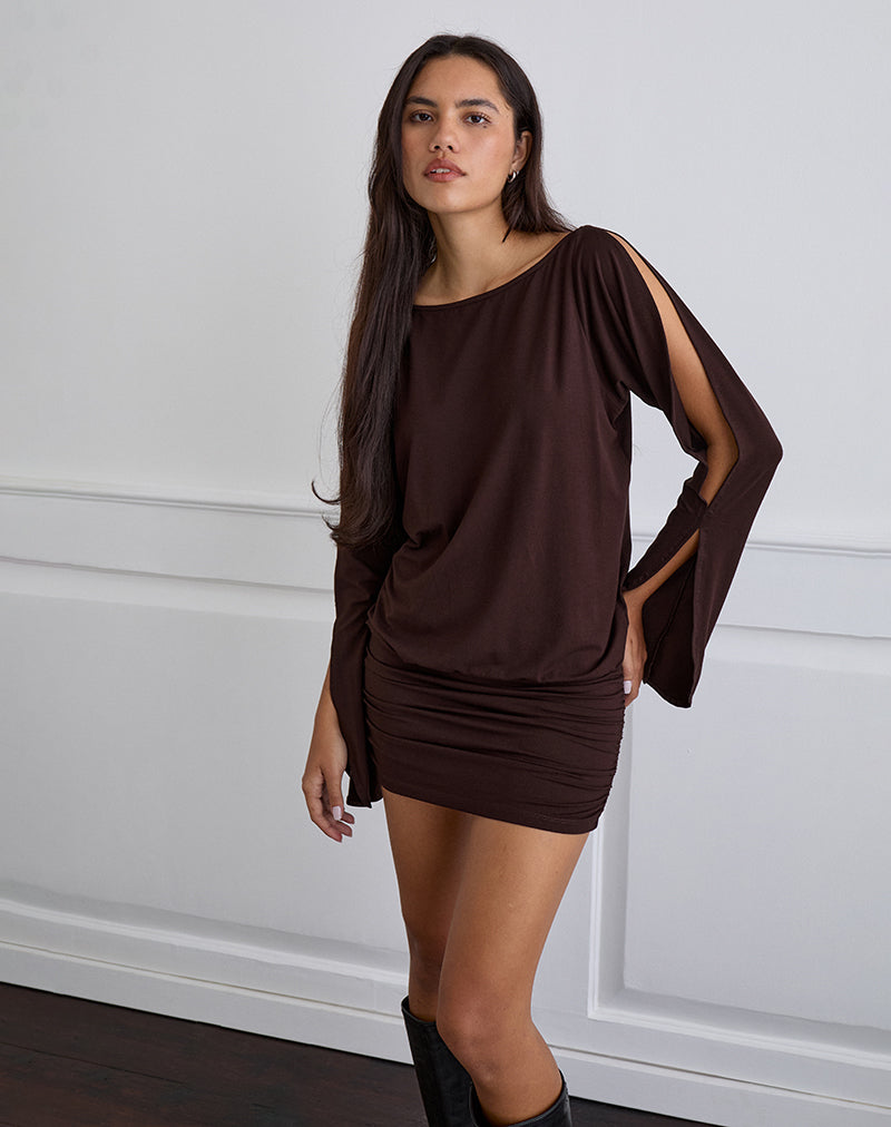 Image of Sybe Langärmeliges Minikleid in Bitterschokolade