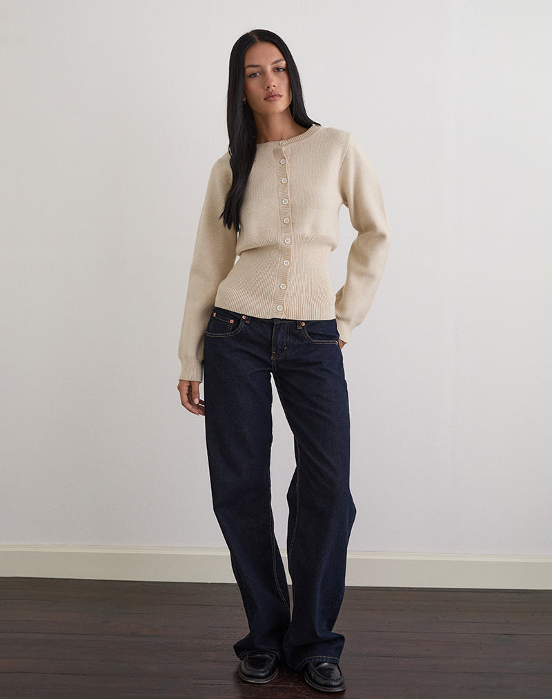 Subra Langärmelige Strickjacke mit geripptem Saum in Elfenbein