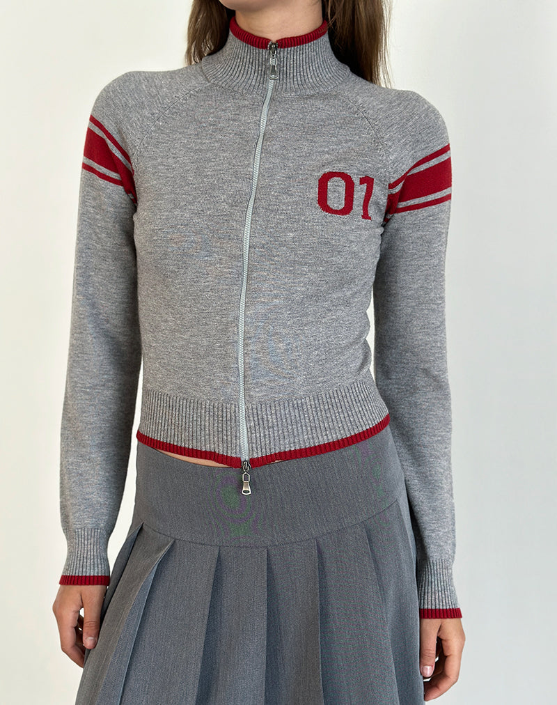 Tacita Zip Through Jacke in Grau mit rotem Motiv