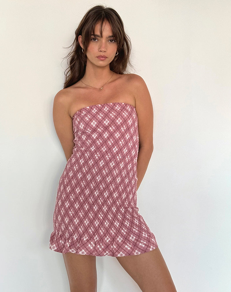 Takiyo Bandeau-Minikleid aus rosa Schottenkaro