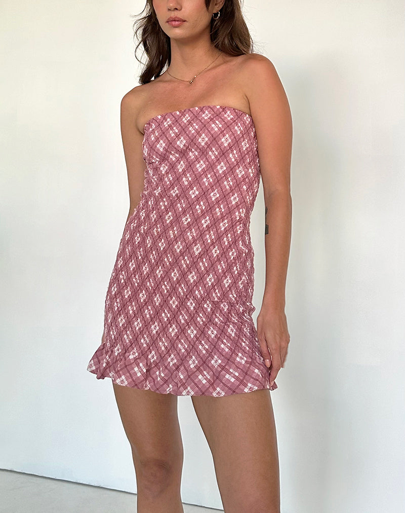 Takiyo Bandeau-Minikleid aus rosa Schottenkaro