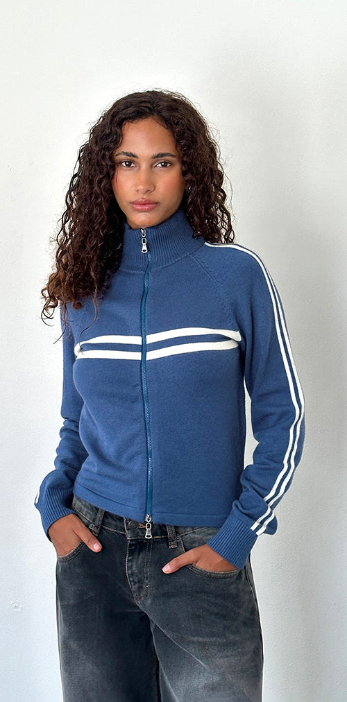Image of Talisa Sportliche Jacke mit Reißverschluss in Navy mit elfenbeinfarbenen Streifen