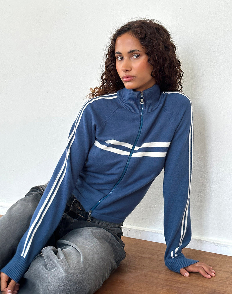 Image of Talisa Sportliche Jacke mit Reißverschluss in Navy mit elfenbeinfarbenen Streifen