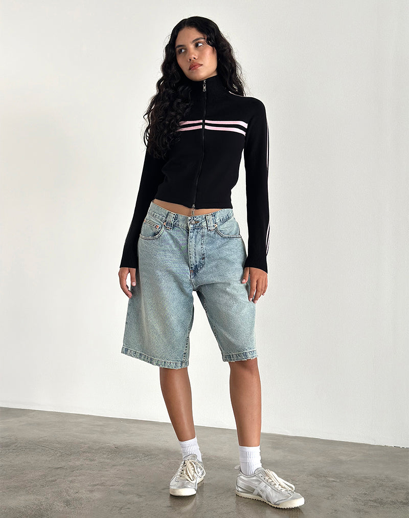 Image of Talisa Zip Through Jacke in Schwarz mit rosa Streifen