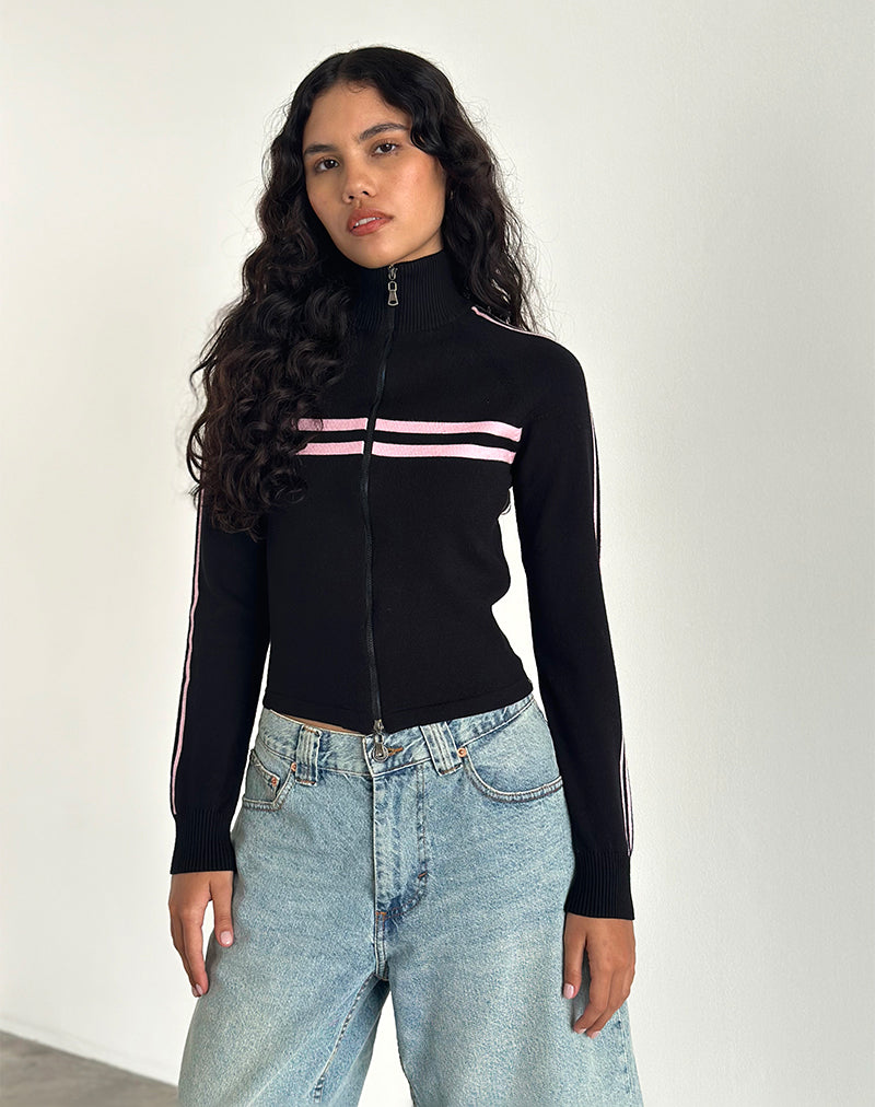 Image of Talisa Zip Through Jacke in Schwarz mit rosa Streifen
