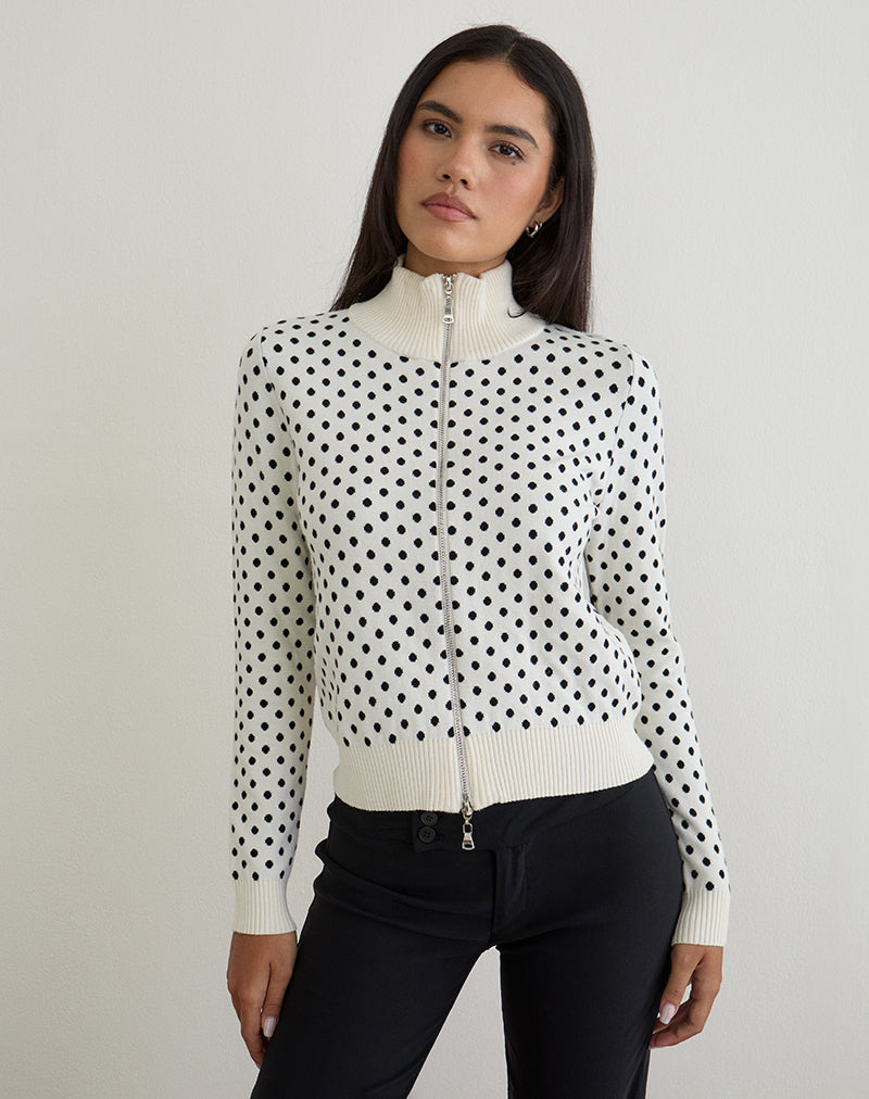Talisa Zip durch Strickjacke in Tiny Polka Elfenbein