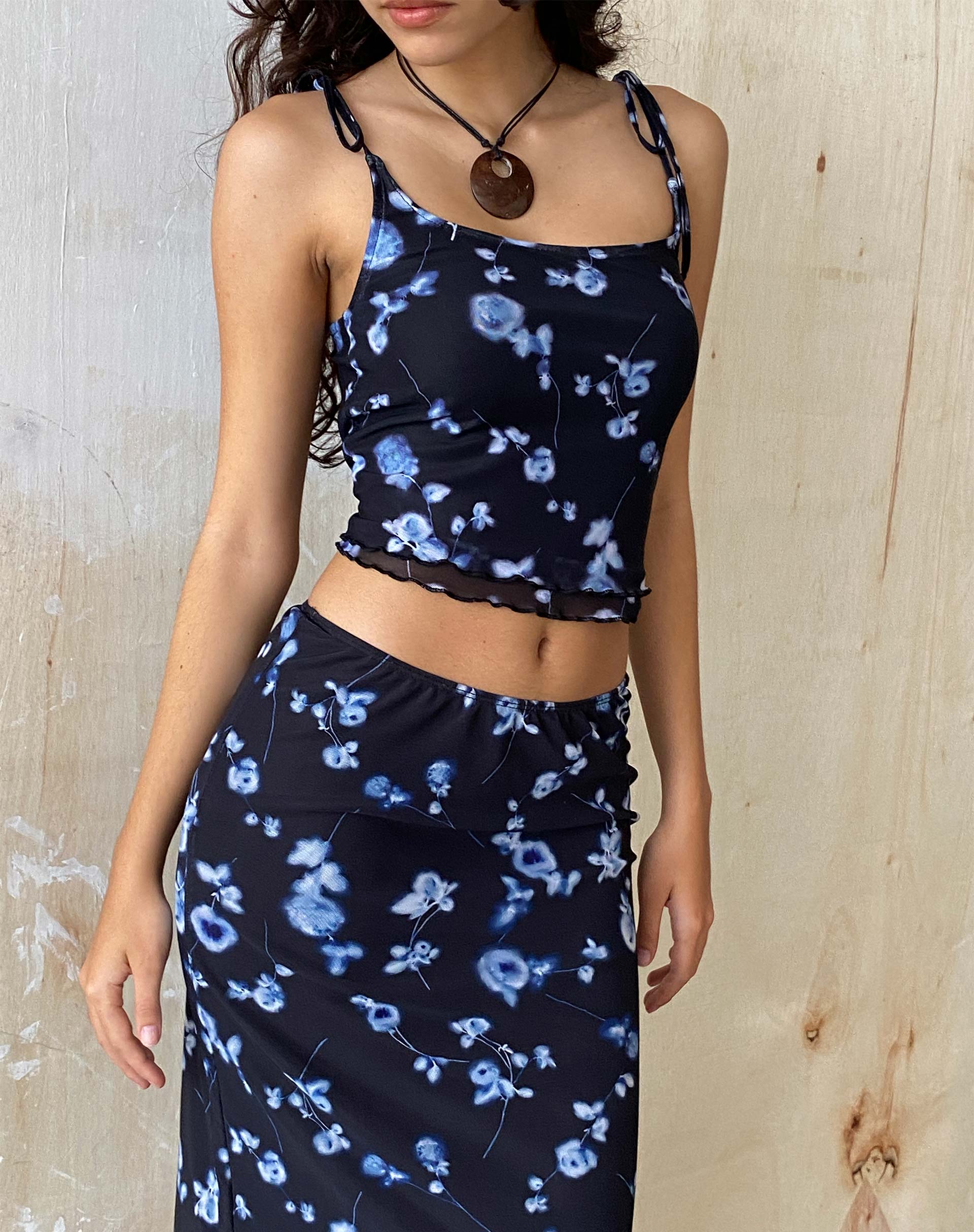 Image of Tamari Krawatte Detail Mesh Vest Top in Diffused Floral Navy