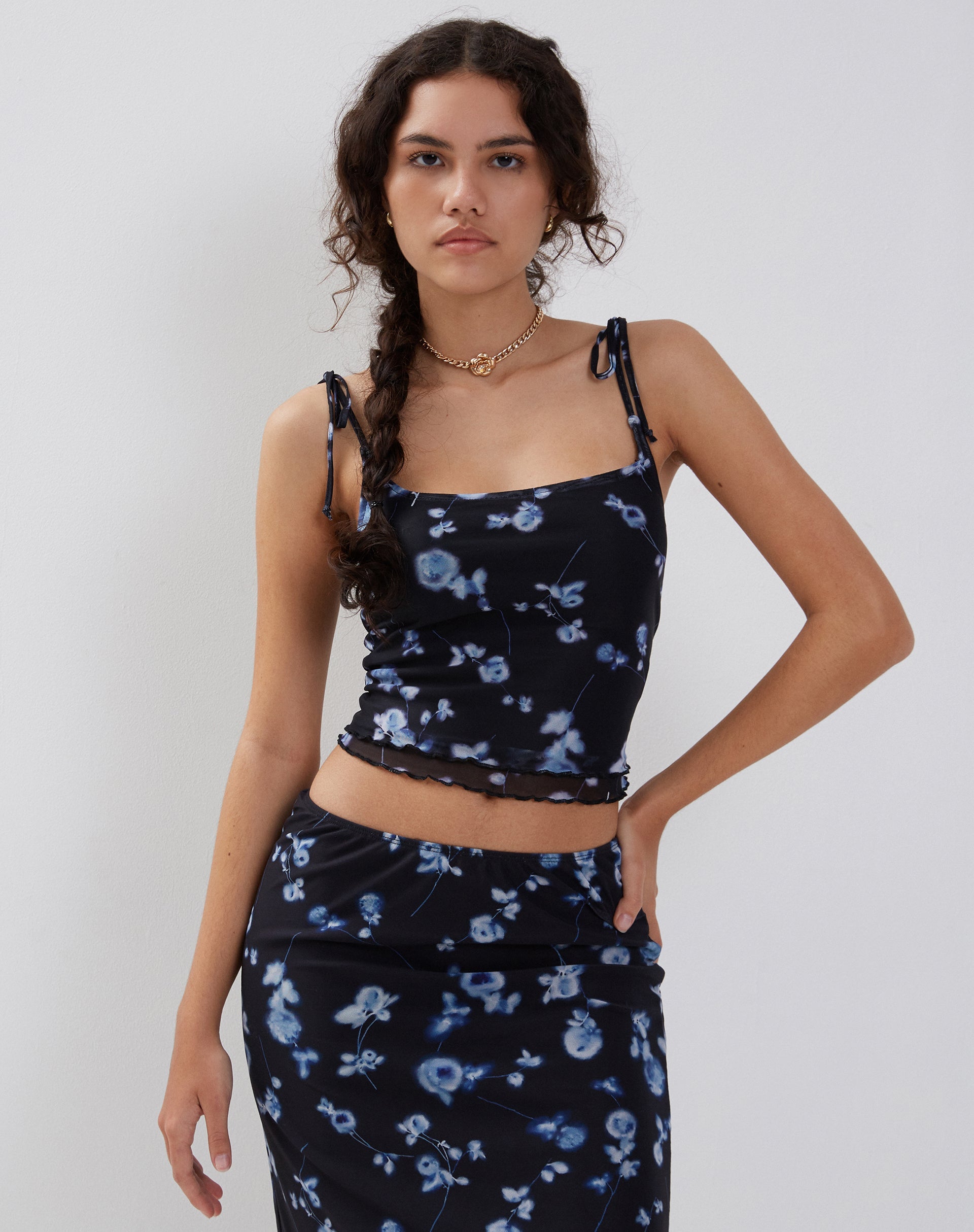 Image of Tamari Krawatte Detail Mesh Vest Top in Diffused Floral Navy