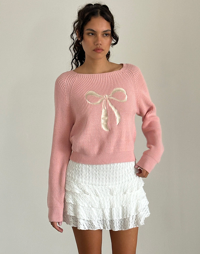 Tami Pullover aus rosa Strick mit weißer Schleifenstickerei