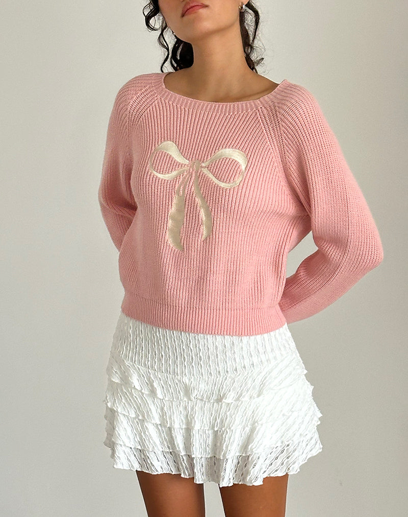 Tami Pullover aus rosa Strick mit weißer Schleifenstickerei