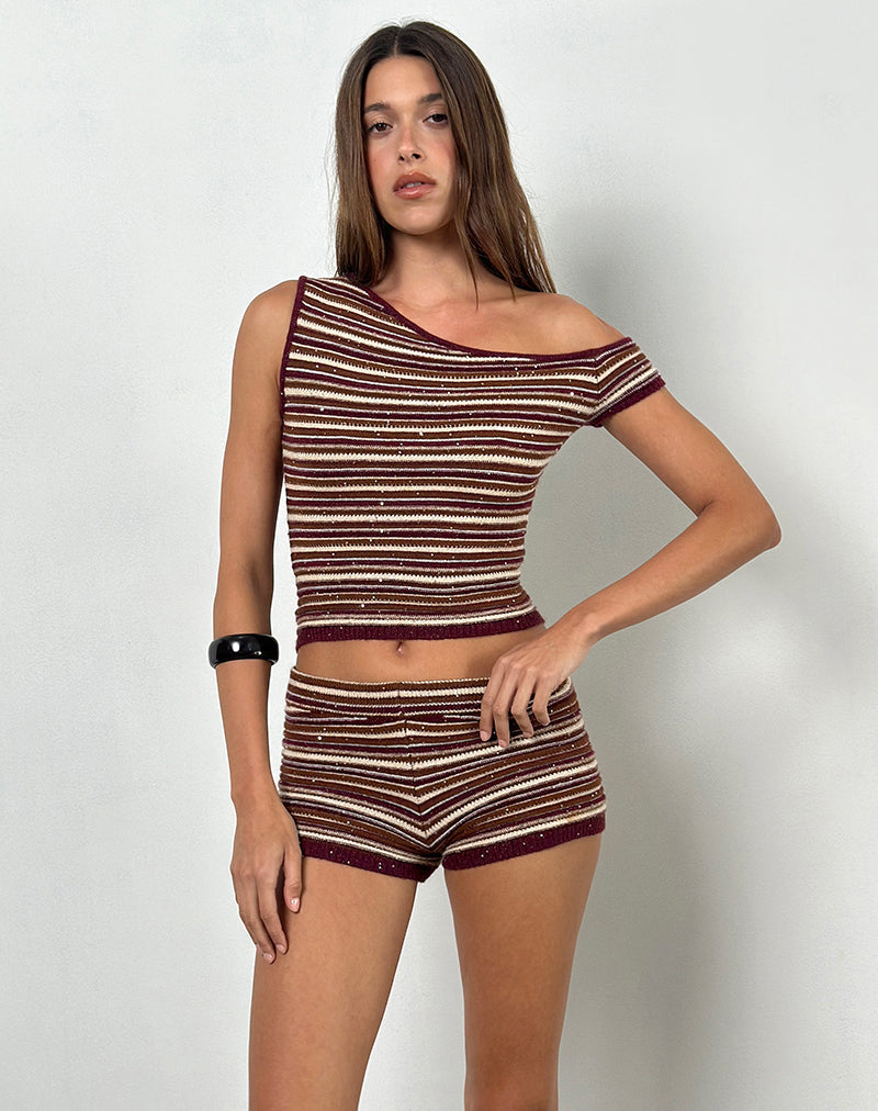 Image of Tamia Off Shoulder Top aus schimmerndem Streifenstrick Rust