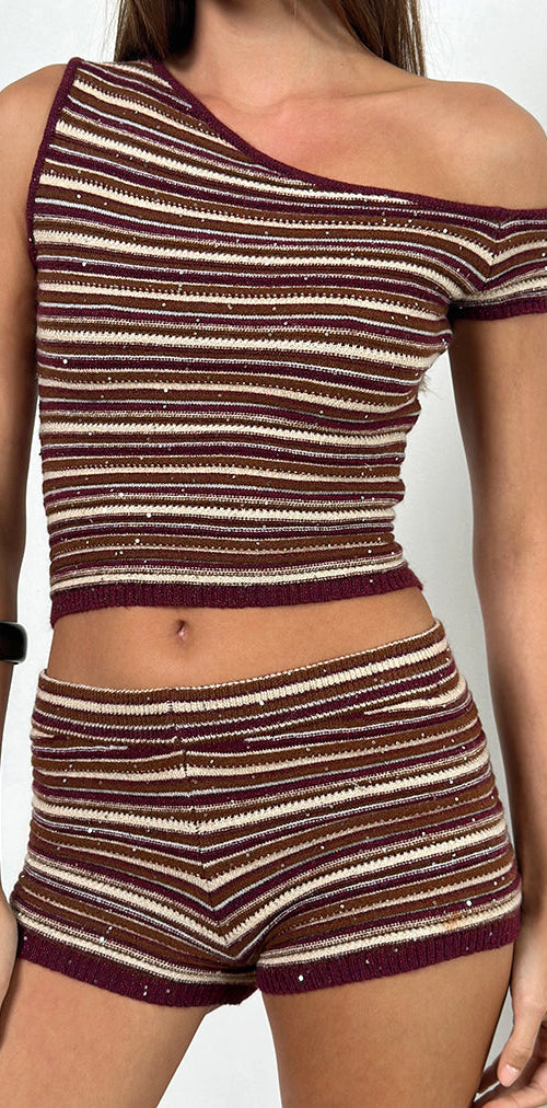 Image of Husan Hot Pants aus schimmerndem Streifenstrick Rust