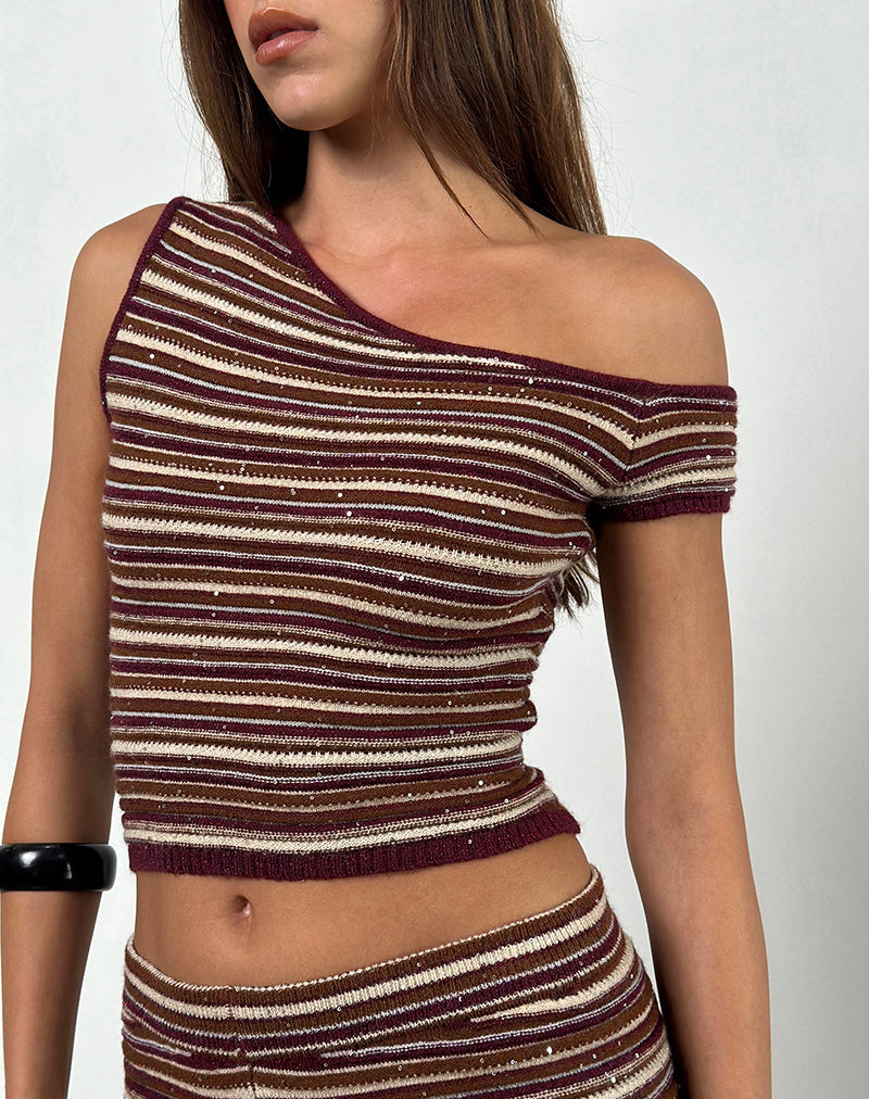 Tamia Off Shoulder Top aus schimmerndem Streifenstrick Rust