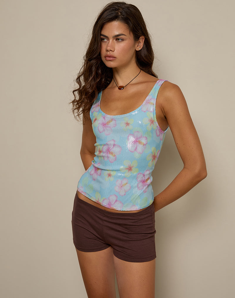 Image of Tampa Top aus Pailletten Blühende Blume Blau