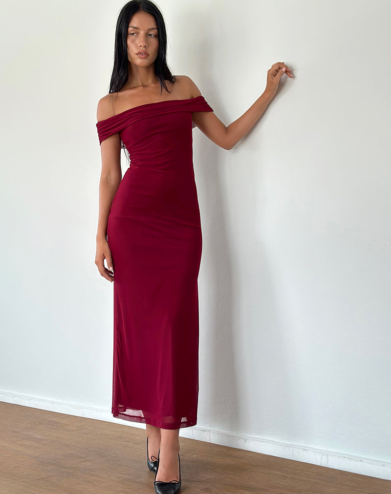 Tarna Bardot Maxikleid aus Mesh Burgundy
