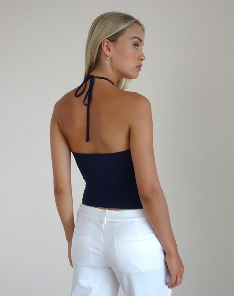 Image of Tarrina Neckholder-Top in Dunkelmarine mit weißer Rosette