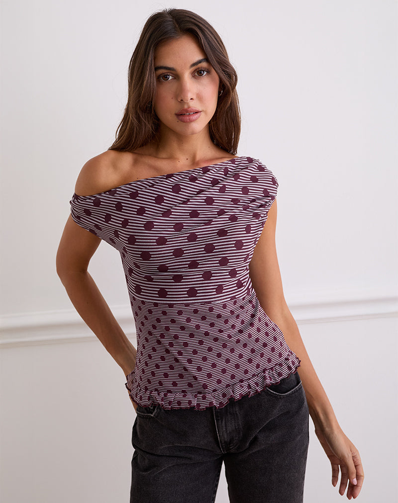 Tarya Asymmetrisches Top in Polka Pflaume gestreift