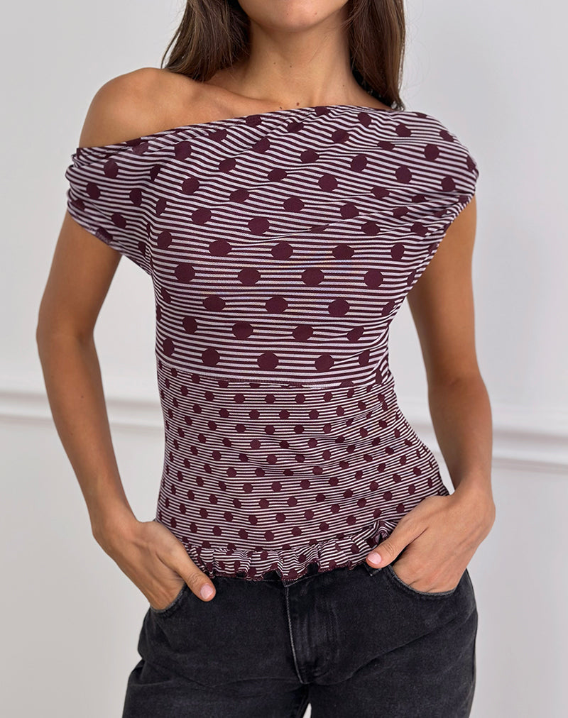 Tarya Asymmetrisches Top in Polka Pflaume gestreift