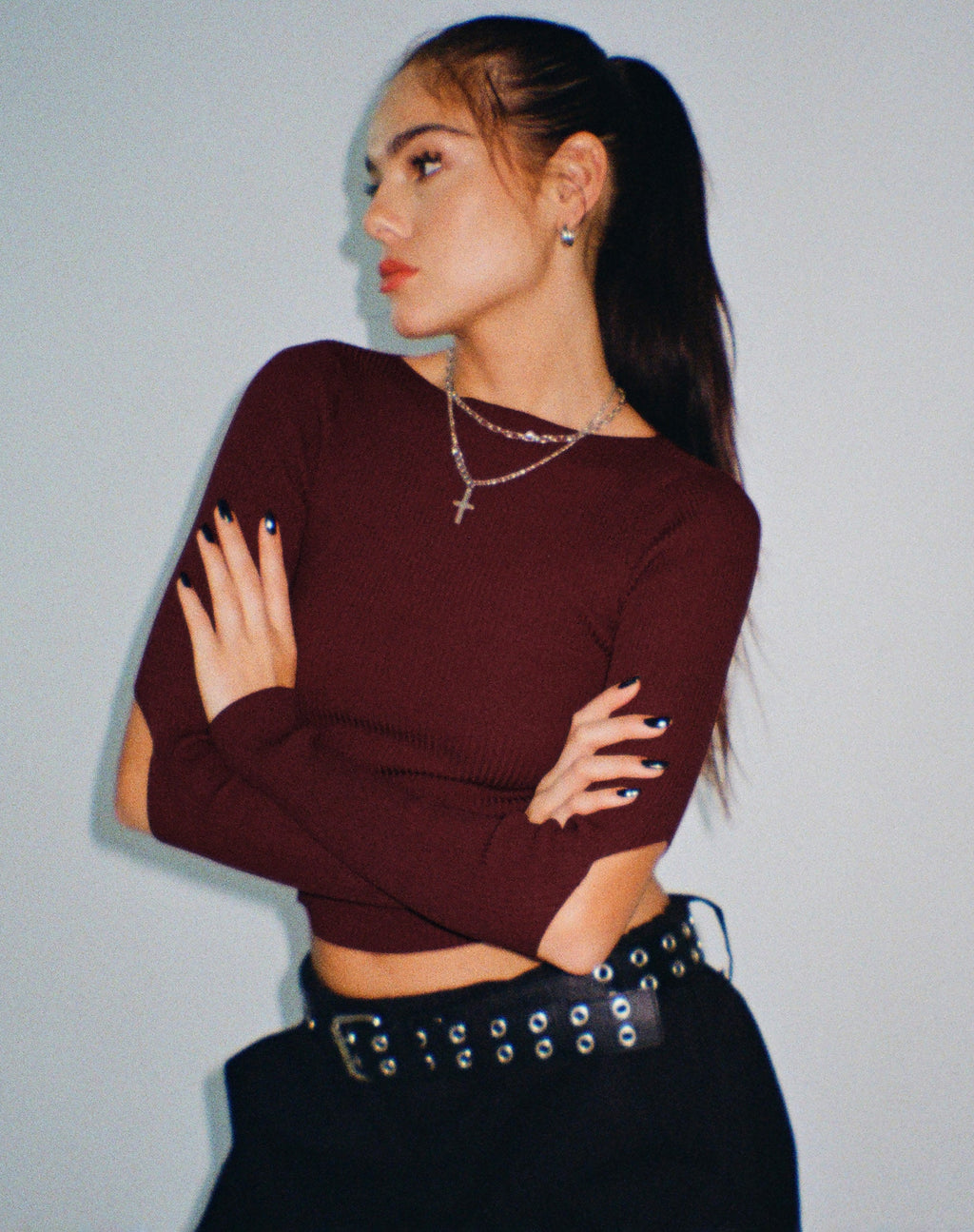 Tayon Langärmeliges Rippen-Top in Marron