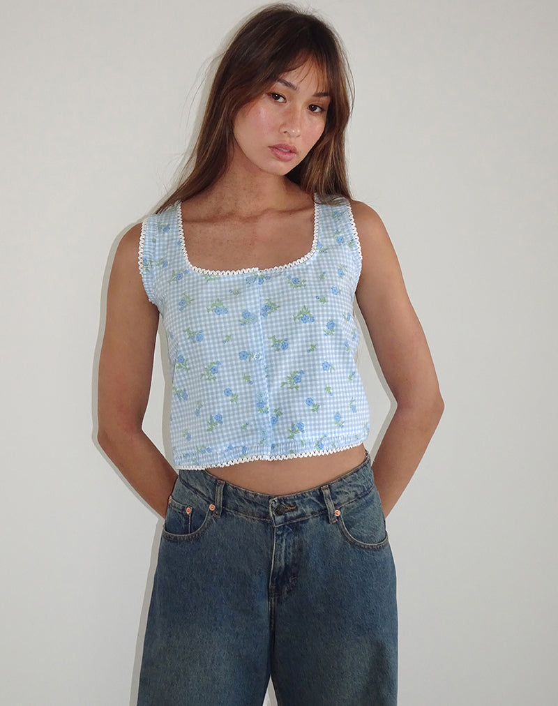 Ternya Top in blauem Blumengingham