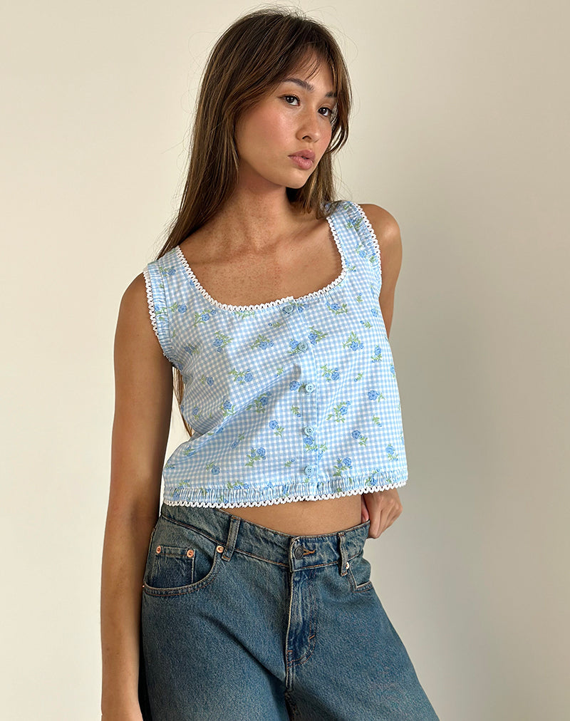Bild von Ternya Top in Blue Flower Gingham