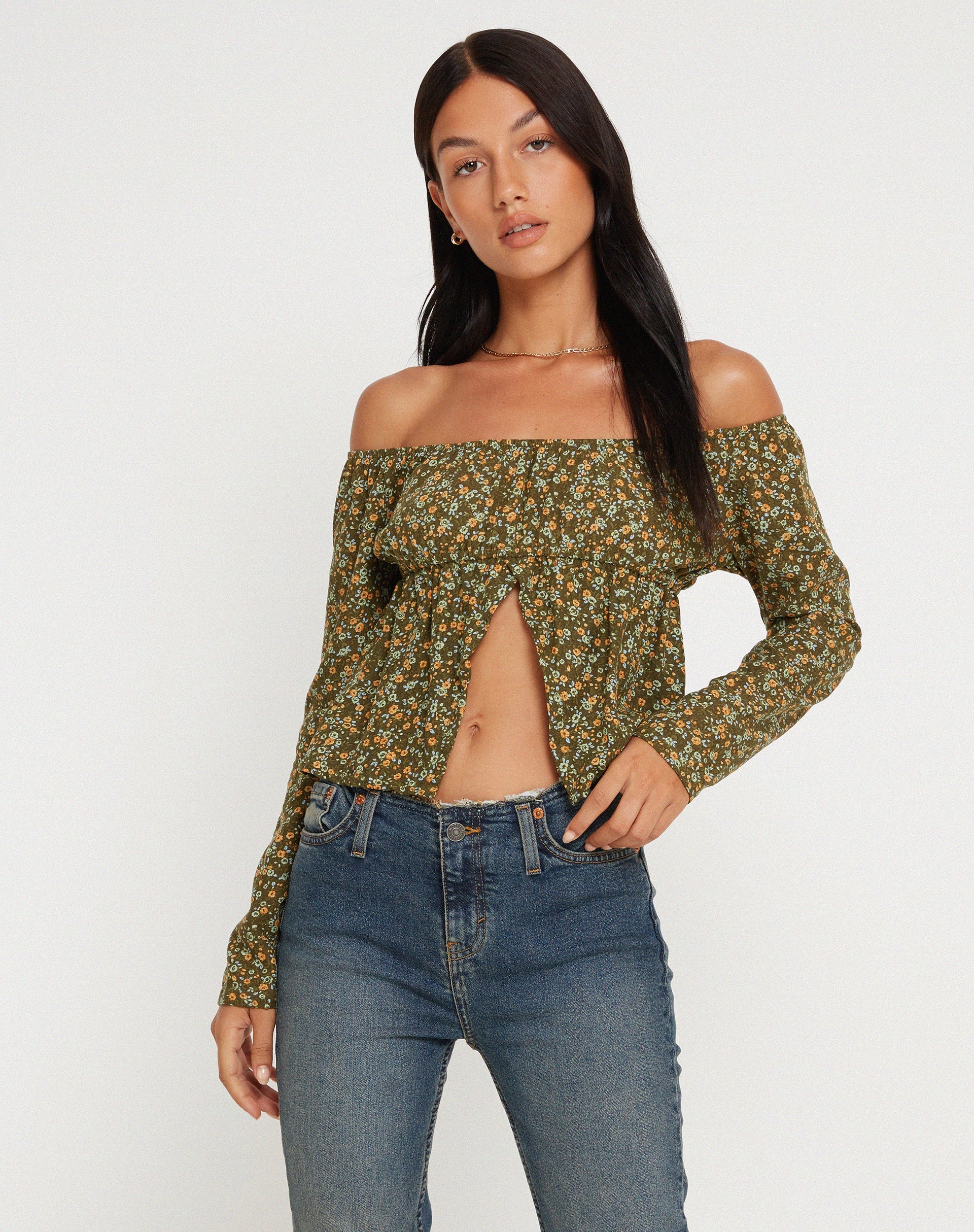 Bild von THENA TOP GRUNGEY FLORAL KHAKI
