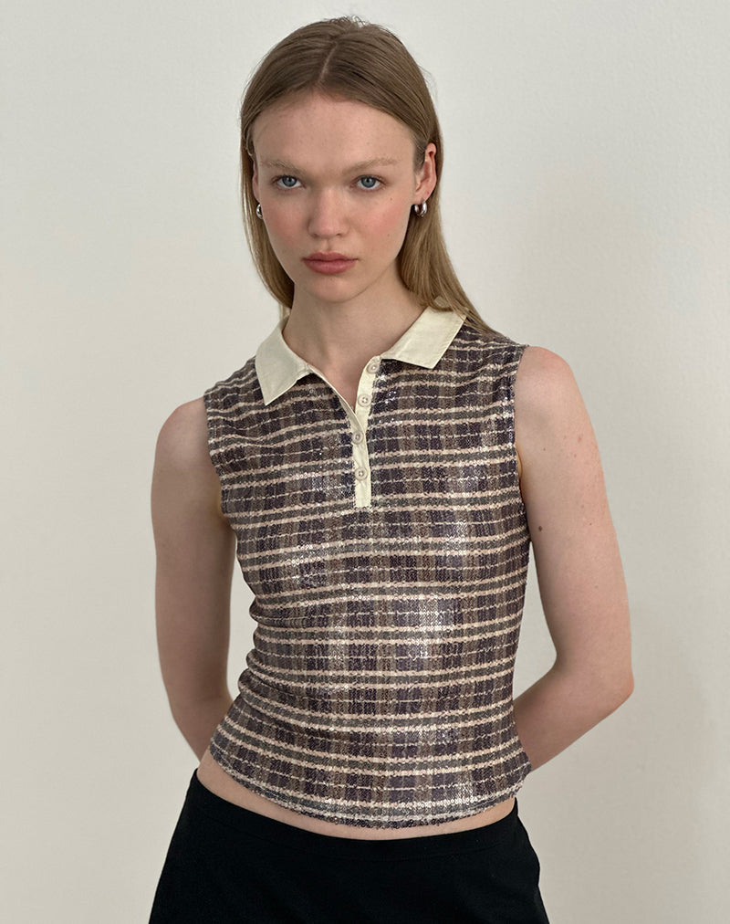 Image of Tisuka Poloshirt aus Pailletten im Vintage-Karo Braun
