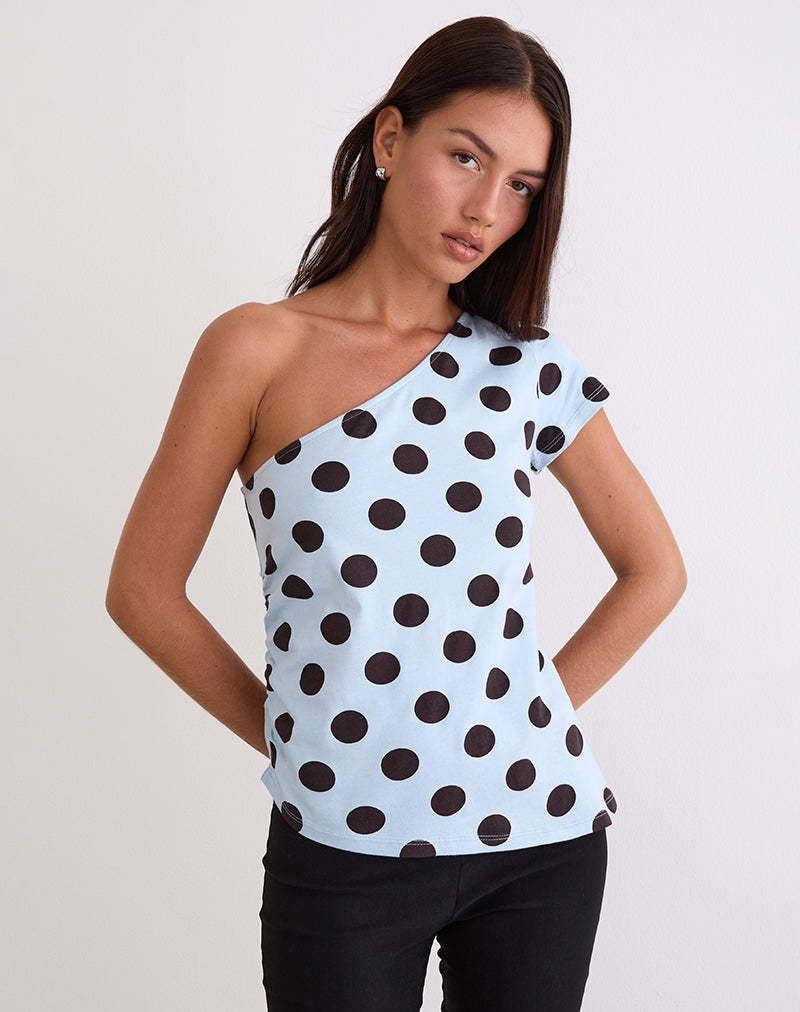 Bild von Tokiwa Asymmetric Shoulder Tee in Big Polka Blau Braun