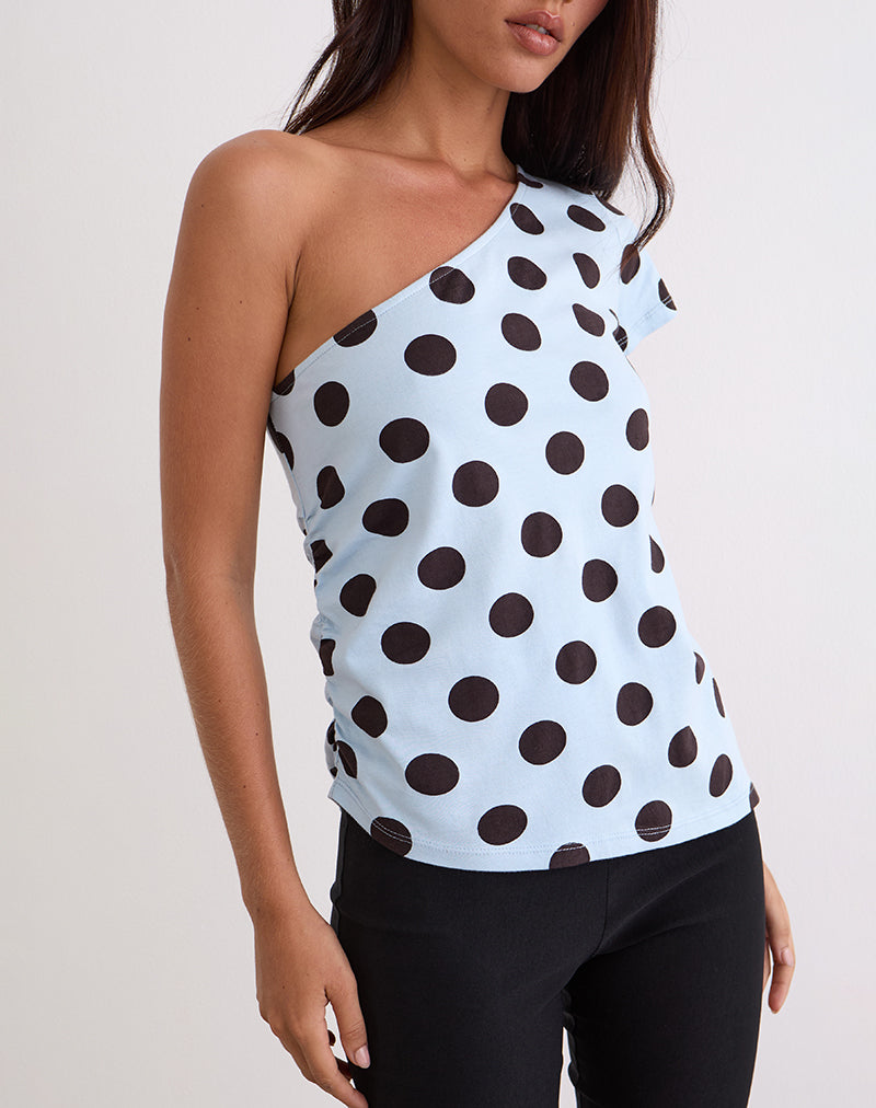 Bild von Tokiwa Asymmetric Shoulder Tee in Big Polka Blau Braun