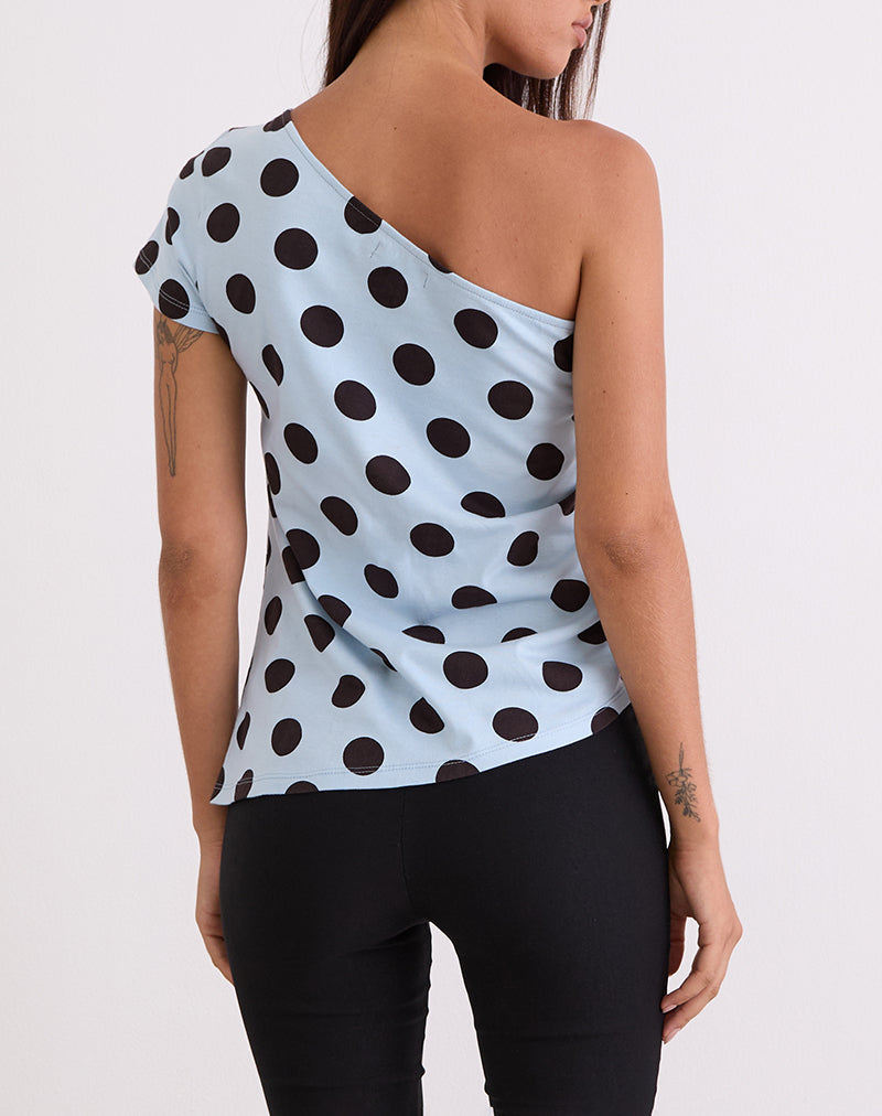 Bild von Tokiwa Asymmetric Shoulder Tee in Big Polka Blau Braun