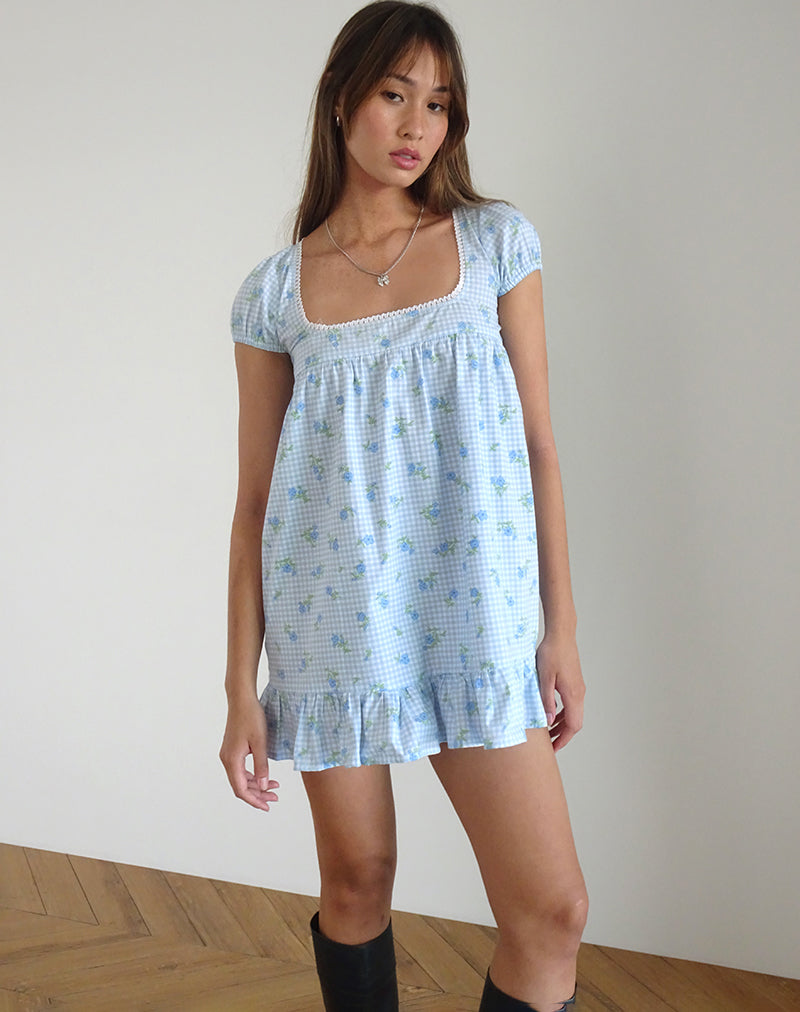 Blaues Minikleid mit Gingham-Blumenbesatz