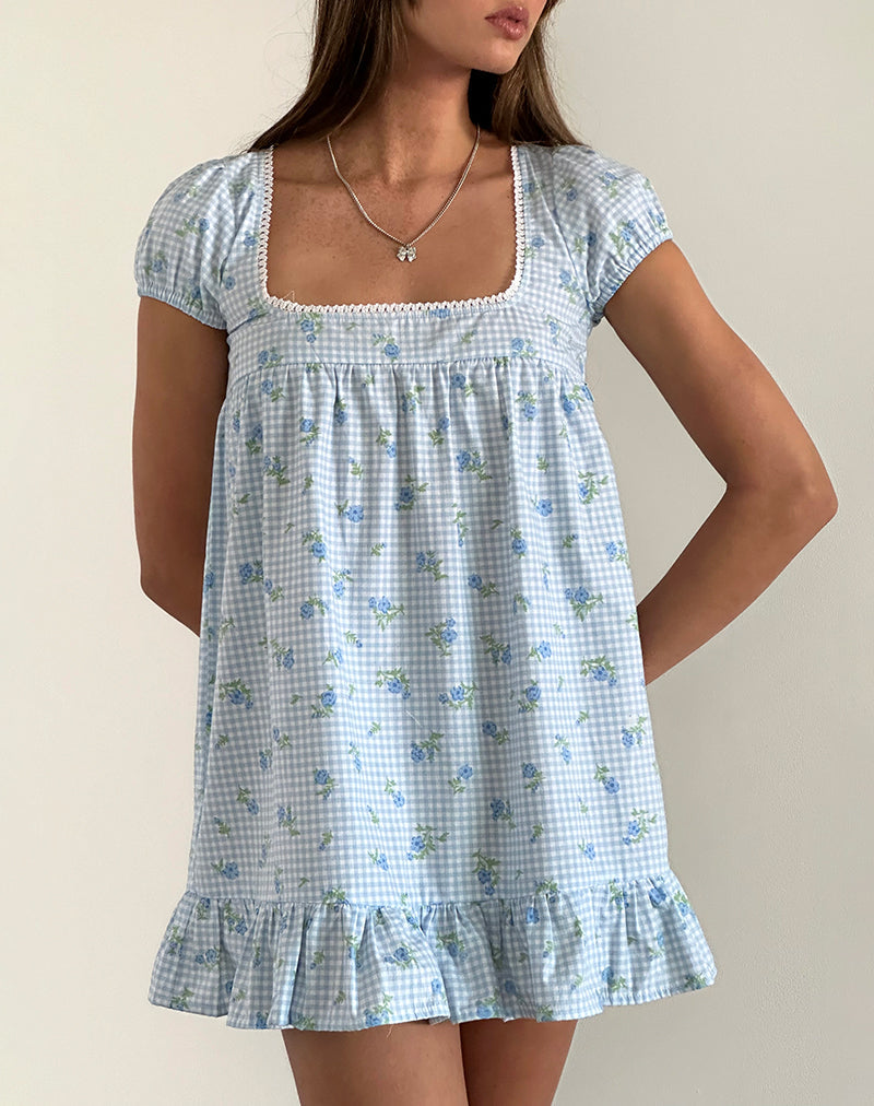 Blaues Minikleid mit Gingham-Blumenbesatz