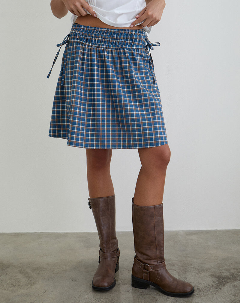 Khimar geraffter Midirock in mittelblauem Tartanmuster