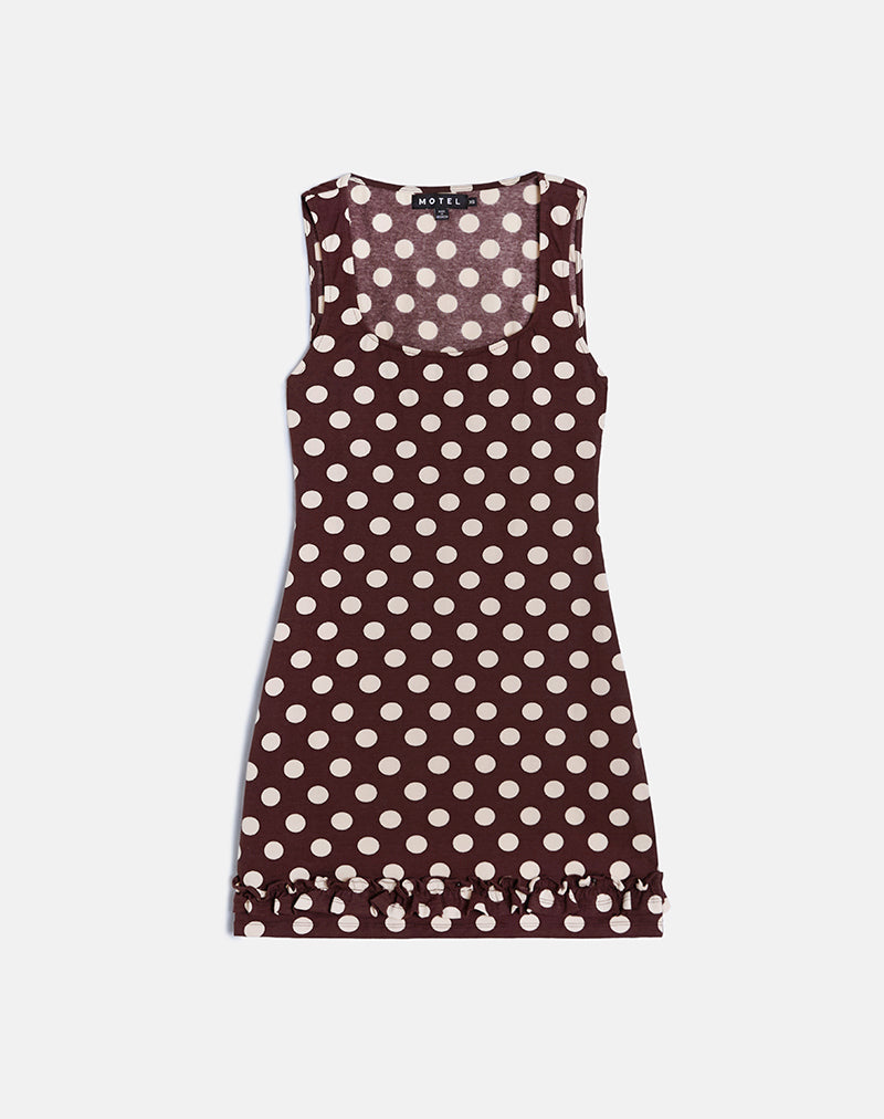 Vadora Rüschensaum-Minikleid in Braun mit großer Polka-Creme