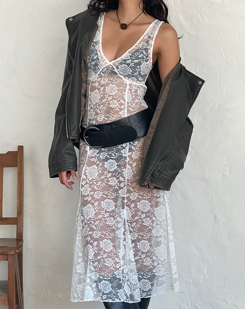 Valea Ungefüttertes Midikleid aus elfenbeinfarbener Big Rose Spitze
