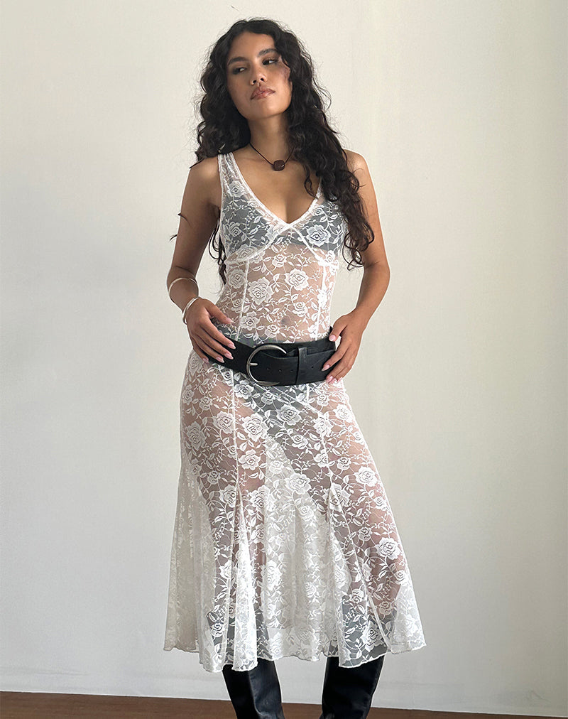 Image of Valea Ungefüttertes Midikleid in Elfenbein Big Rose Lace