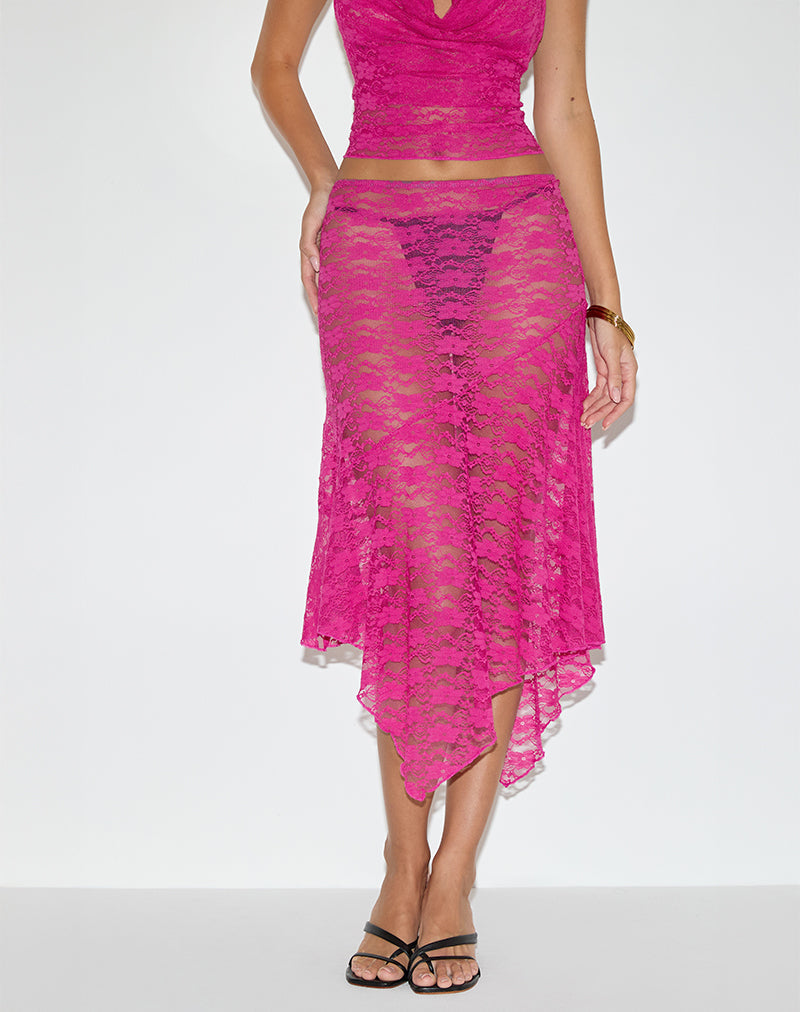 Cinta Midirock mit tiefem Ausschnitt aus Orchideen-Spitze in Pink