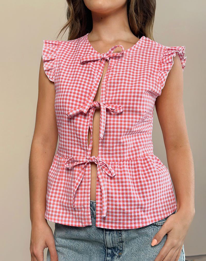 Vataka Tie Front Top In Mini Gingham Pfirsich