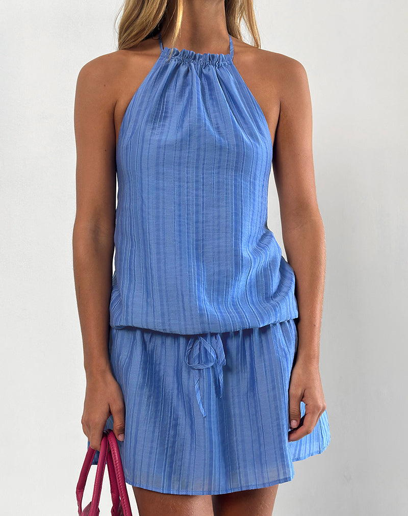 Veloria Mini-Kleid mit Neckholder aus blauem Chiffon mit gemalten Streifen